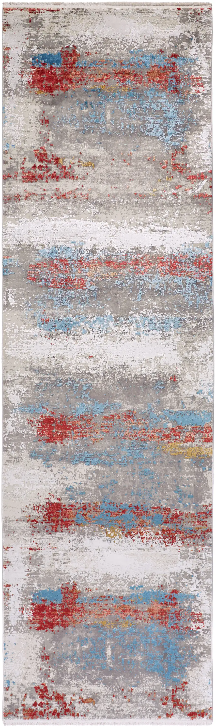10' Gray Blue and Red Abstract Power Loom Runner Rug With Fringe Photo 2