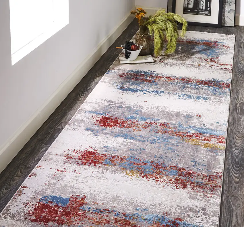 10' Gray Blue and Red Abstract Power Loom Runner Rug With Fringe Photo 6