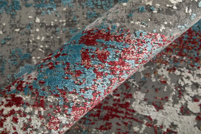 10' Gray Blue and Red Abstract Power Loom Runner Rug With Fringe Photo 7