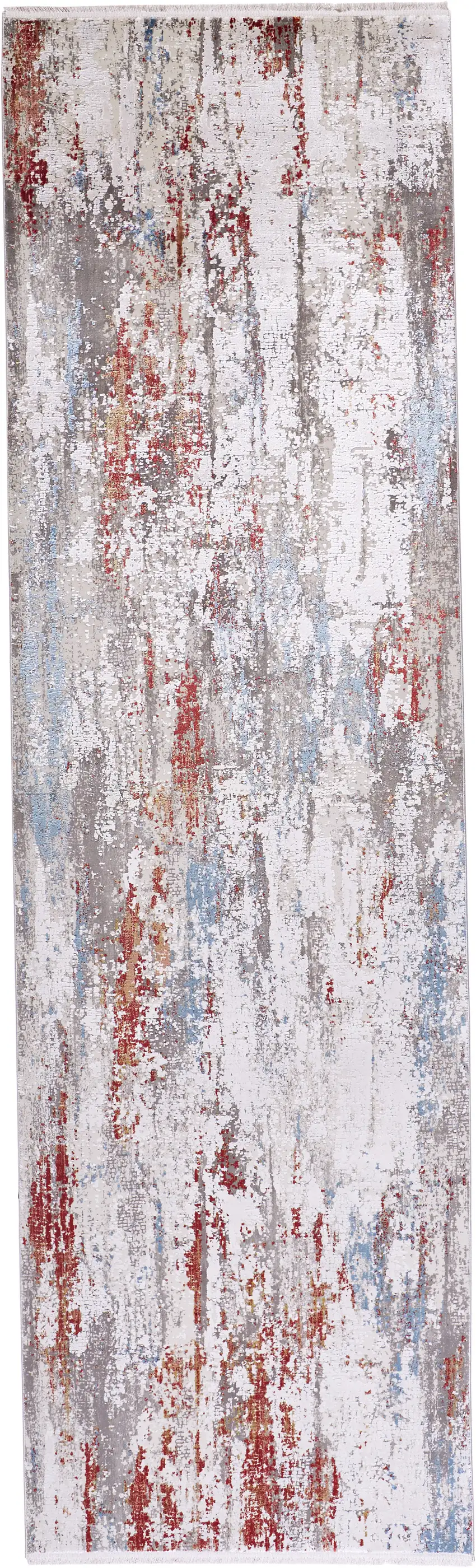 10' Gray Blue and Red Abstract Power Loom Runner Rug With Fringe Photo 2