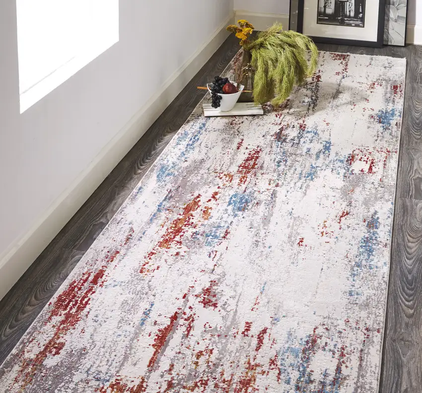 10' Gray Blue and Red Abstract Power Loom Runner Rug With Fringe Photo 6