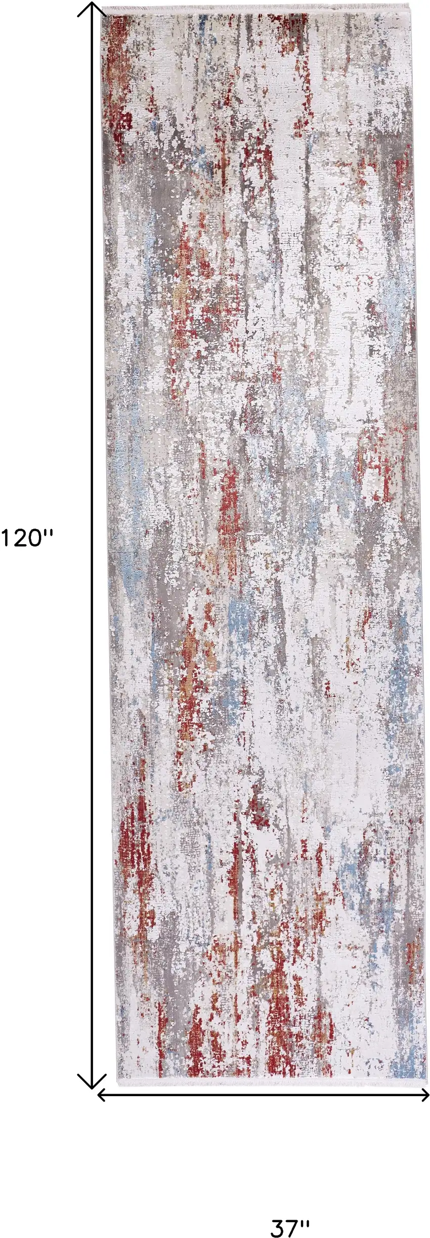 10' Gray Blue and Red Abstract Power Loom Runner Rug With Fringe Photo 3