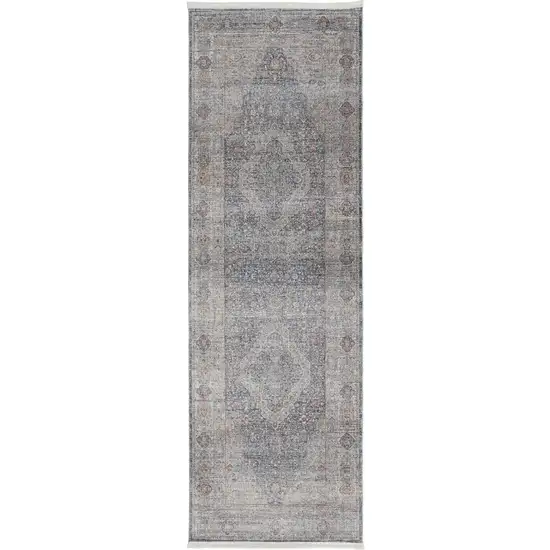 8' Gray Blue and Red Oriental Power Loom Worn Faded Runner Rug With Fringe Photo 2