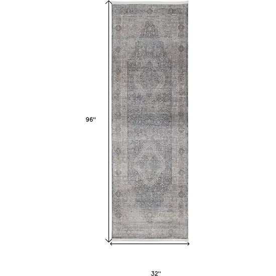 8' Gray Blue and Red Oriental Power Loom Worn Faded Runner Rug With Fringe Photo 3
