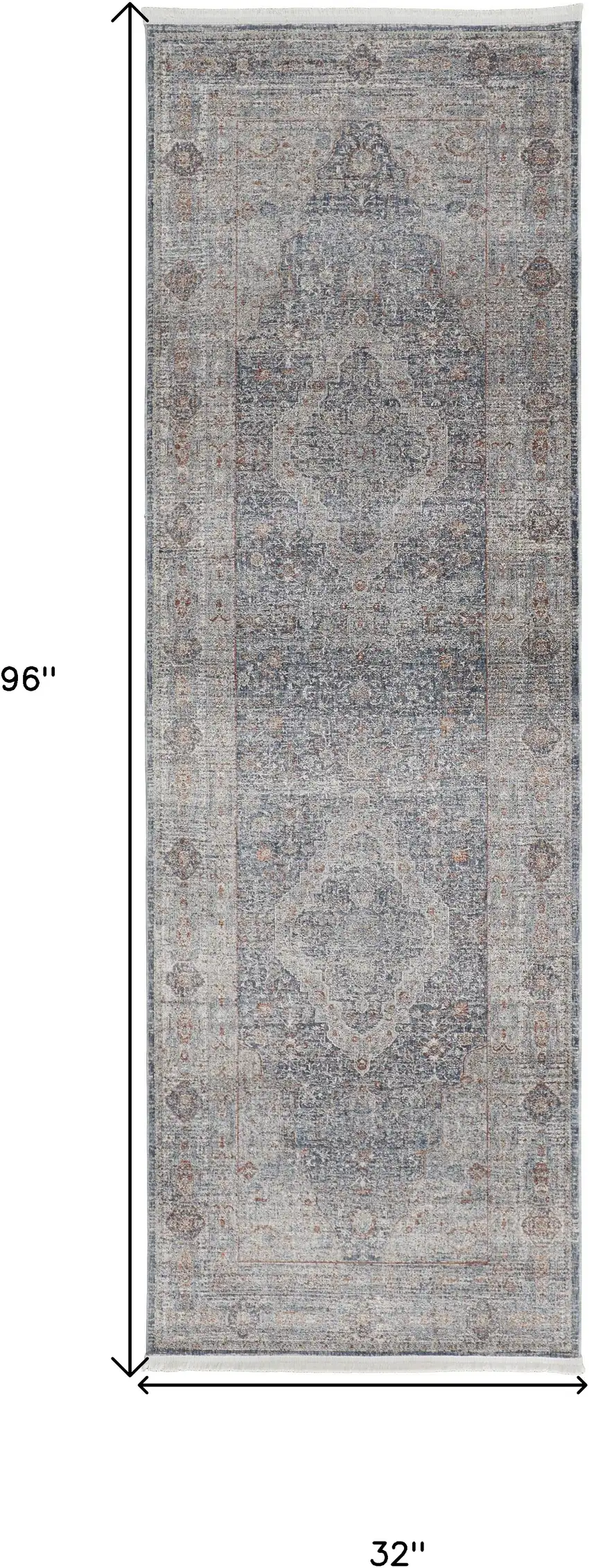 8' Gray Blue and Red Oriental Power Loom Worn Faded Runner Rug With Fringe Photo 3