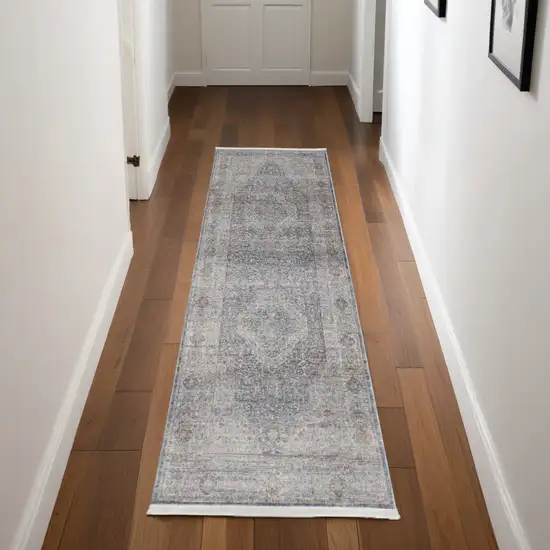 8' Gray Blue and Red Oriental Power Loom Worn Faded Runner Rug With Fringe Photo 1