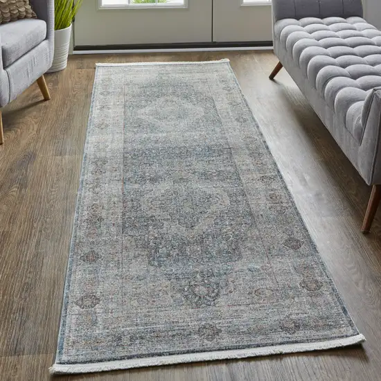 8' Gray Blue and Red Oriental Power Loom Worn Faded Runner Rug With Fringe Photo 6