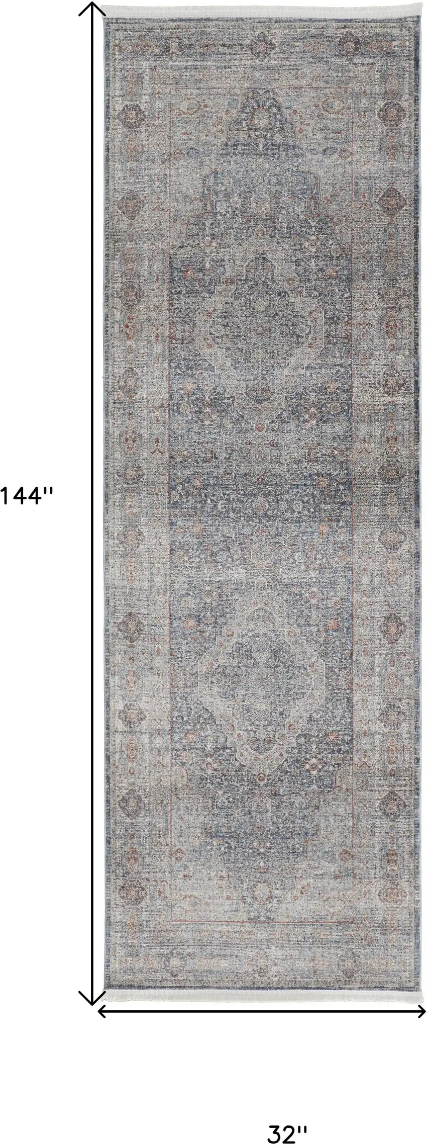 12' Gray Blue and Red Oriental Power Loom Worn Faded Runner Rug With Fringe Photo 3