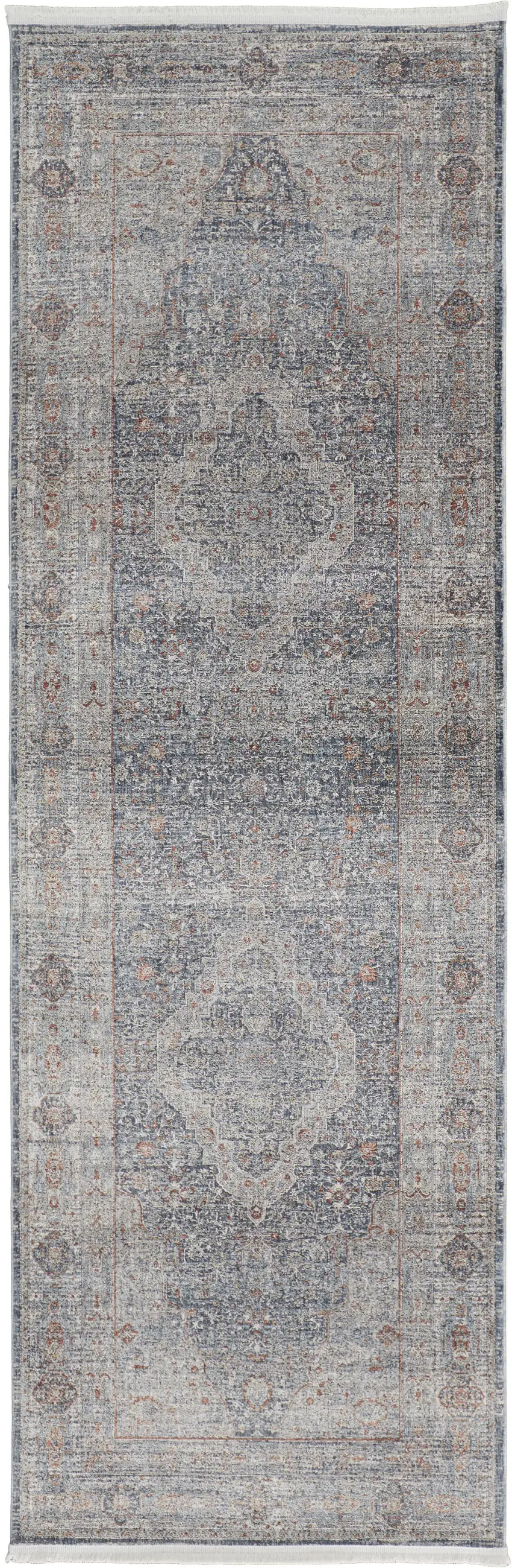 12' Gray Blue and Red Oriental Power Loom Worn Faded Runner Rug With Fringe Photo 2