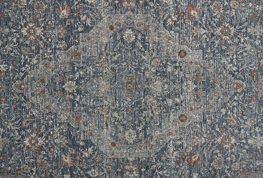 12' Gray Blue and Red Oriental Power Loom Worn Faded Runner Rug With Fringe Photo 8