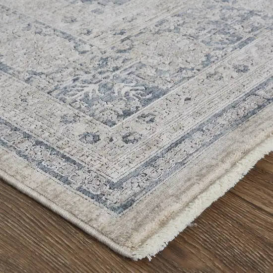10' Gray Blue and Taupe Oriental Power Loom Runner Rug With Fringe Photo 4