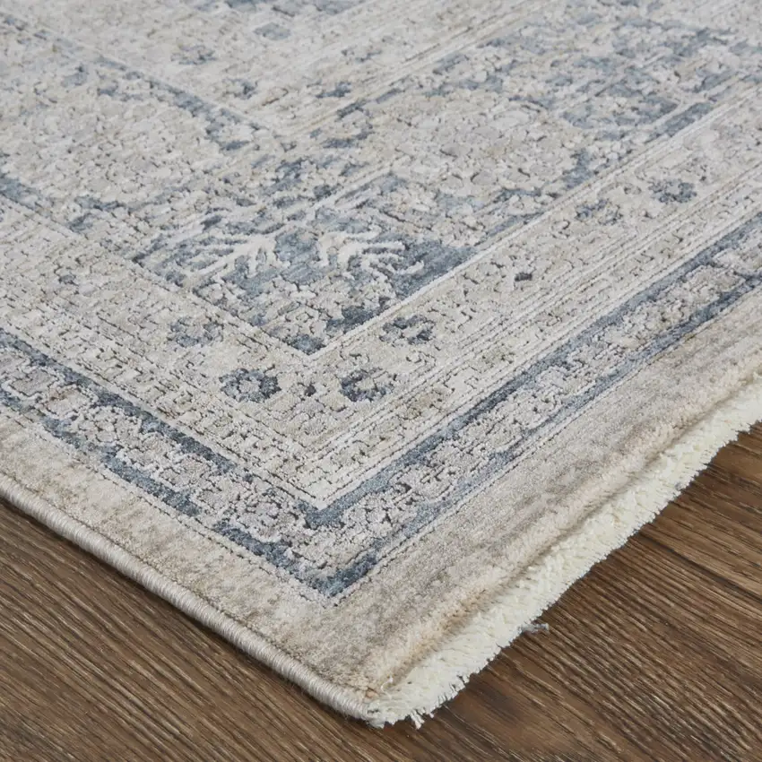 10' Gray Blue and Taupe Oriental Power Loom Runner Rug With Fringe Photo 4