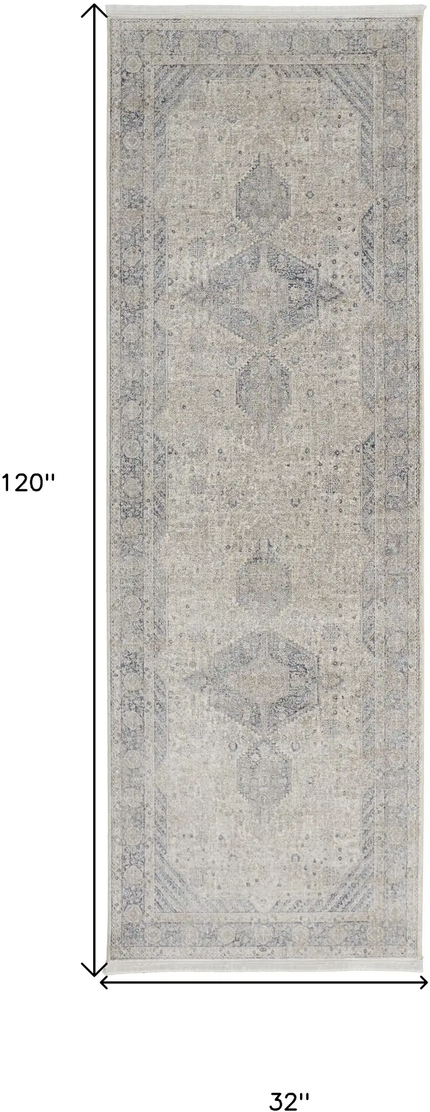 10' Gray Blue and Taupe Oriental Power Loom Runner Rug With Fringe Photo 3