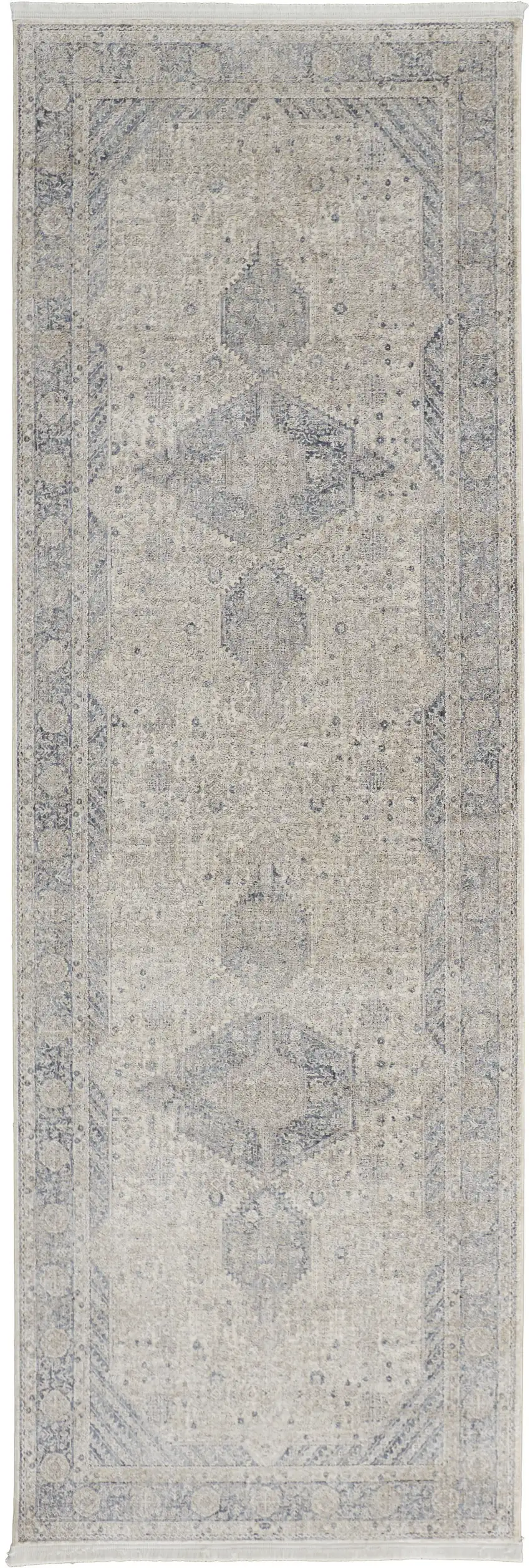 10' Gray Blue and Taupe Oriental Power Loom Runner Rug With Fringe Photo 2