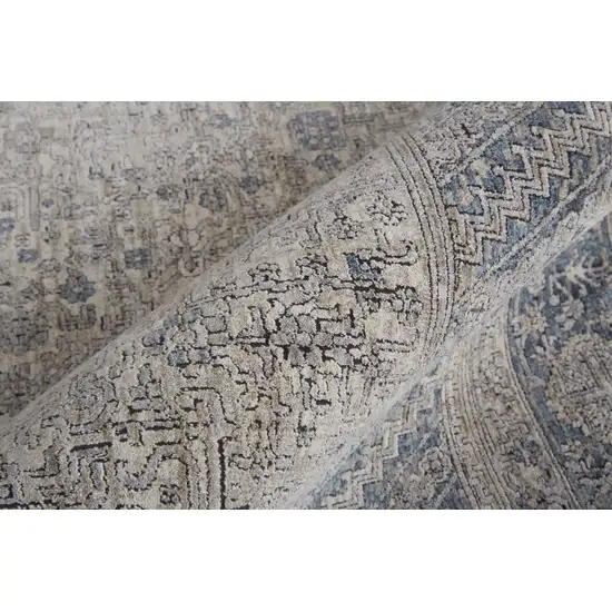 10' Gray Blue and Taupe Oriental Power Loom Runner Rug With Fringe Photo 7