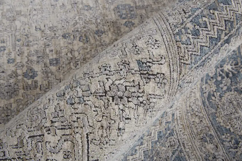 10' Gray Blue and Taupe Oriental Power Loom Runner Rug With Fringe Photo 7