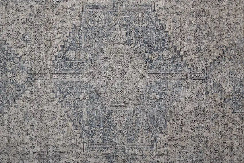 10' Gray Blue and Taupe Oriental Power Loom Runner Rug With Fringe Photo 8