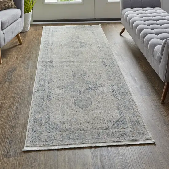 10' Gray Blue and Taupe Oriental Power Loom Runner Rug With Fringe Photo 6