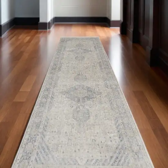 10' Gray Blue and Taupe Oriental Power Loom Runner Rug With Fringe Photo 1