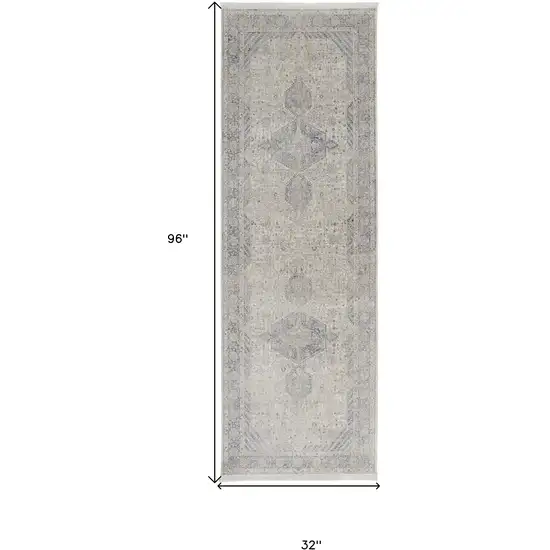 8' Gray Blue and Taupe Oriental Power Loom Worn Faded Runner Rug With Fringe Photo 3