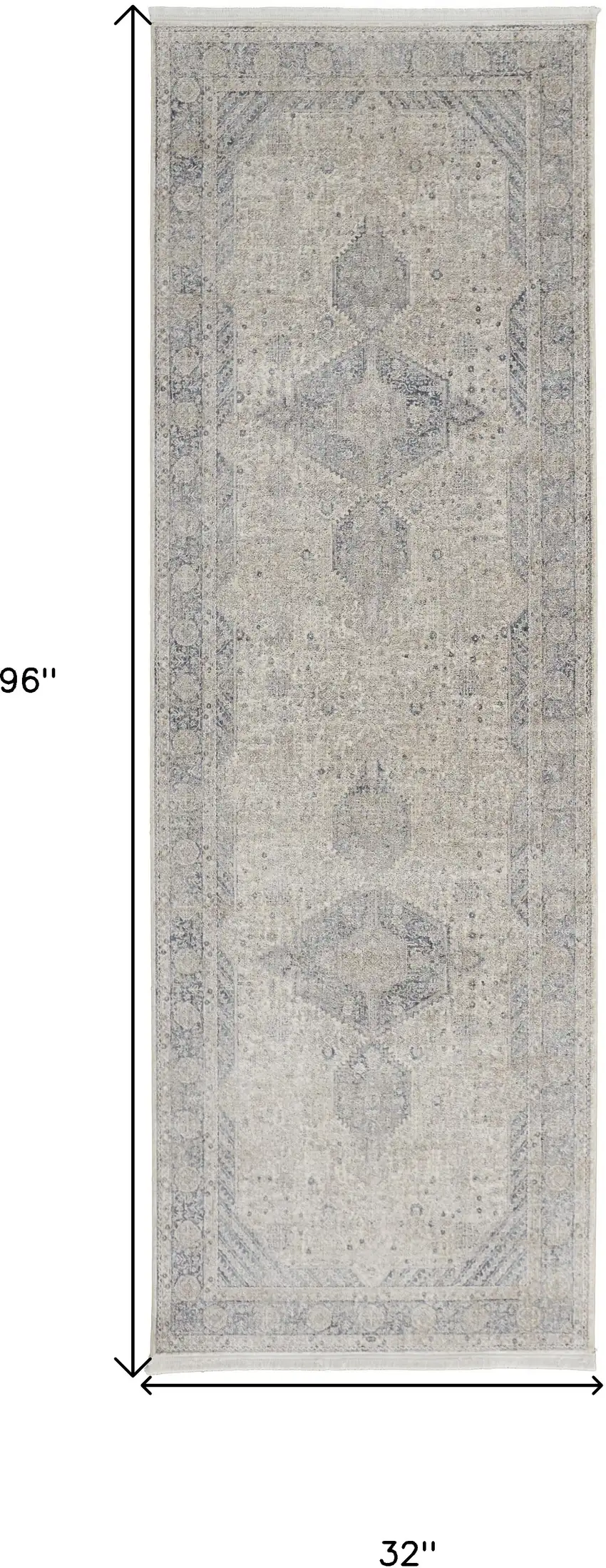 8' Gray Blue and Taupe Oriental Power Loom Worn Faded Runner Rug With Fringe Photo 3