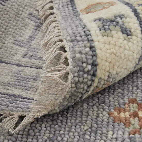 12' Gray Blue and Taupe Wool Geometric Hand Knotted Runner Rug With Fringe Photo 8