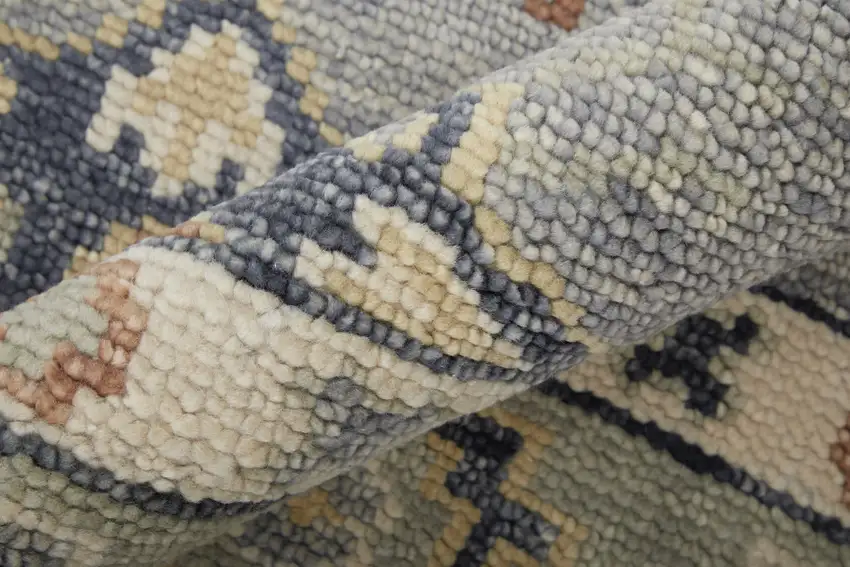 12' Gray Blue and Taupe Wool Geometric Hand Knotted Runner Rug With Fringe Photo 9