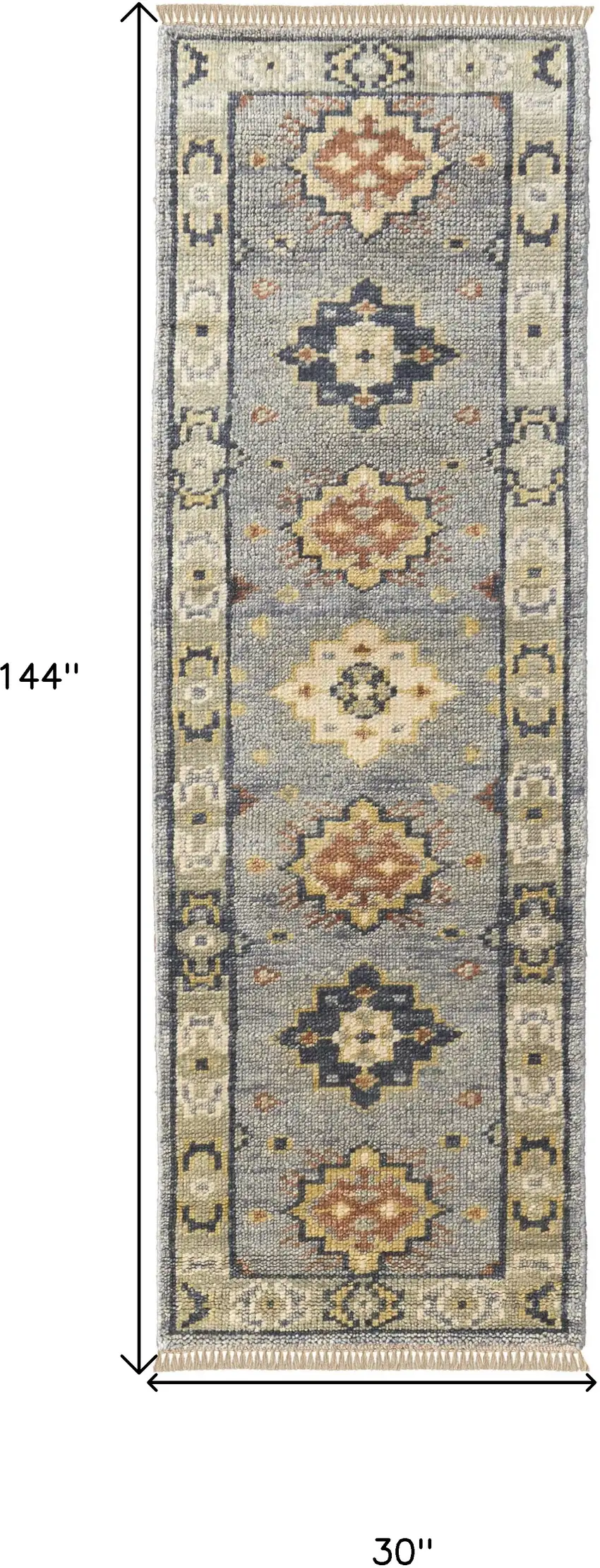 12' Gray Blue and Taupe Wool Geometric Hand Knotted Runner Rug With Fringe Photo 3