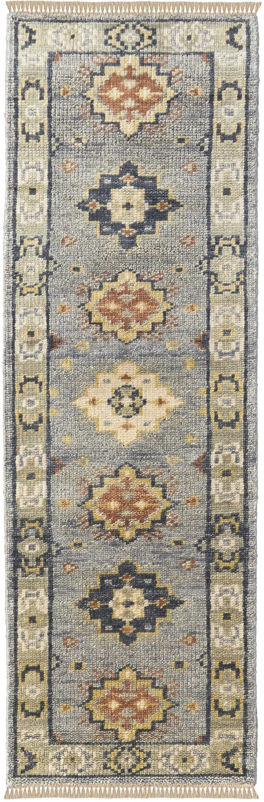 12' Gray Blue and Taupe Wool Geometric Hand Knotted Runner Rug With Fringe Photo 2