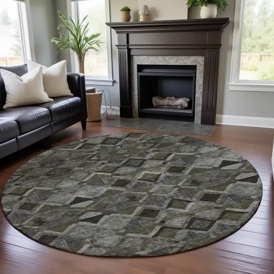 8' Gray Brown And Beige Geometric Washable Round Rug With UV Protection Photo 4