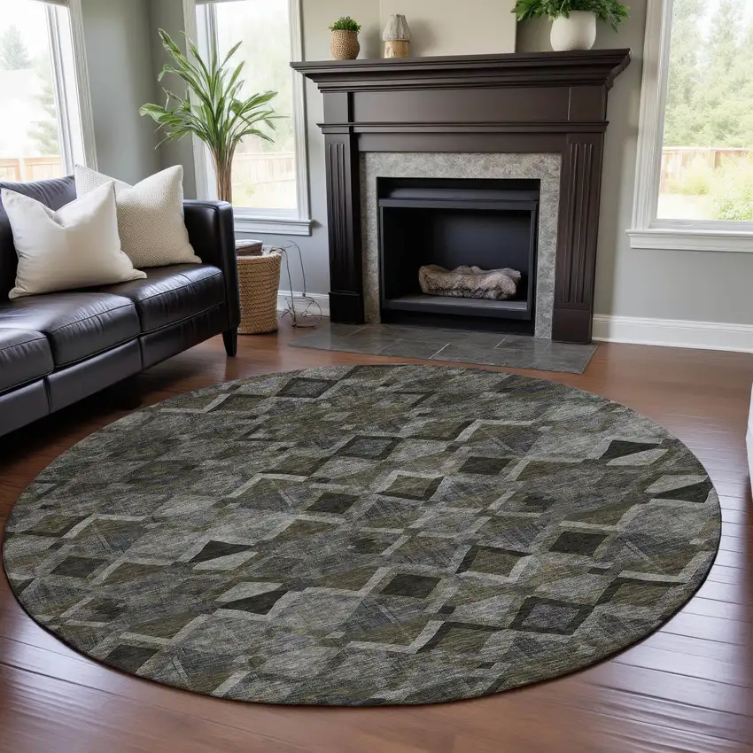 8' Gray Brown And Beige Geometric Washable Round Rug With UV Protection Photo 4