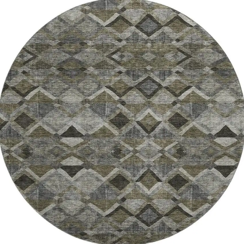 8' Gray Brown And Beige Geometric Washable Round Rug With UV Protection Photo 3