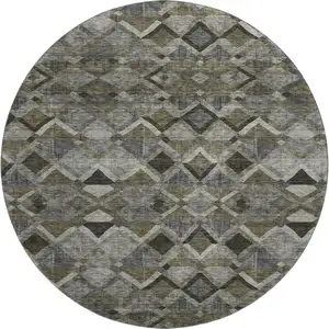 Photo of 8' Gray Brown And Beige Geometric Washable Round Rug With UV Protection