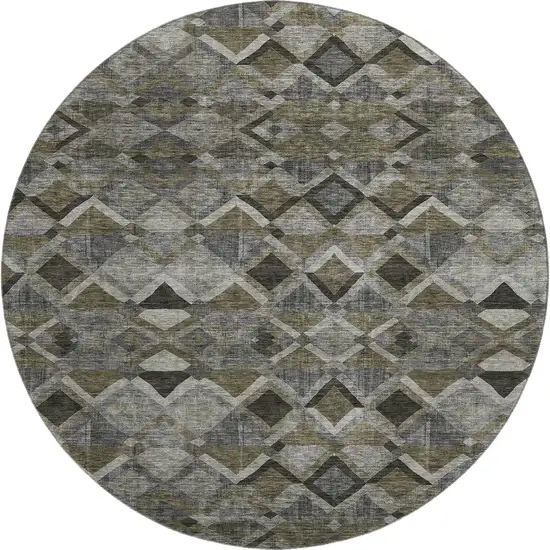 8' Gray Brown And Beige Geometric Washable Round Rug With UV Protection Photo 1