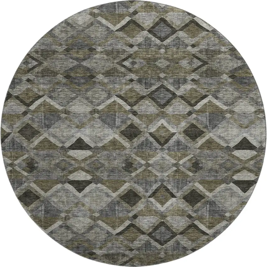 8' Gray Brown And Beige Geometric Washable Round Rug With UV Protection Photo 1
