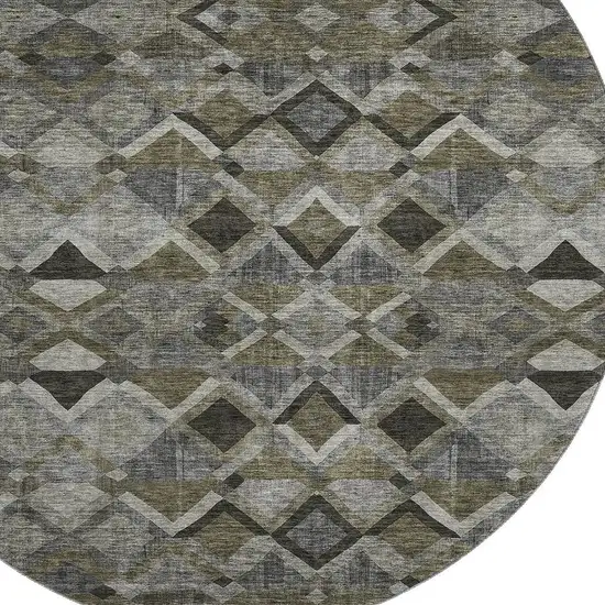 8' Gray Brown And Beige Geometric Washable Round Rug With UV Protection Photo 2