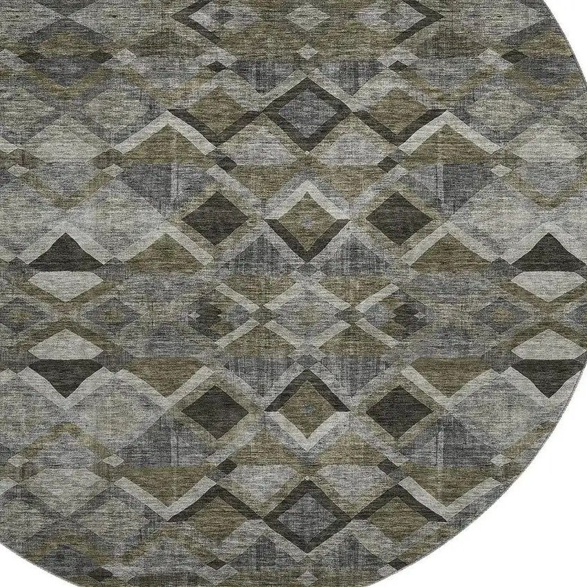 8' Gray Brown And Beige Geometric Washable Round Rug With UV Protection Photo 2