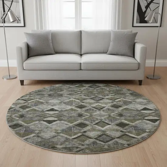 8' Gray Brown And Beige Geometric Washable Round Rug With UV Protection Photo 2