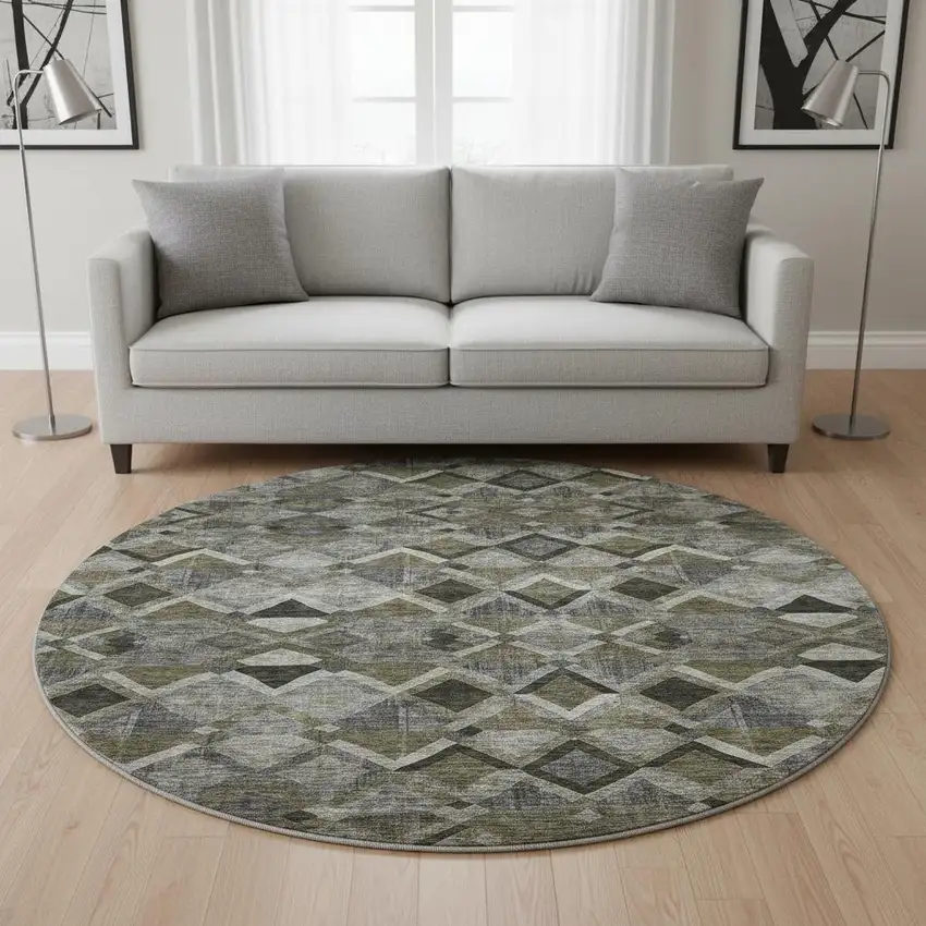 8' Gray Brown And Beige Geometric Washable Round Rug With UV Protection Photo 2