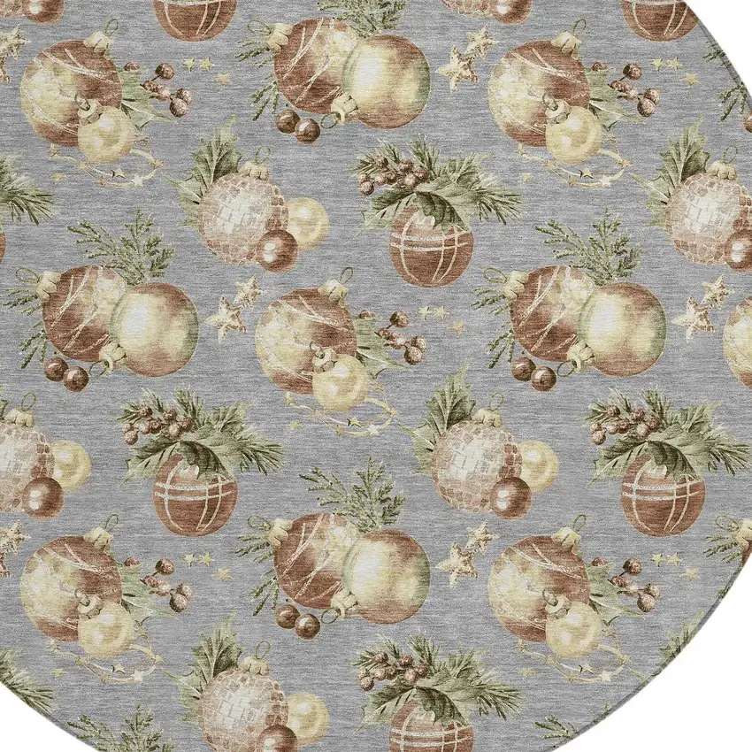 8' Gray Brown And Beige Round Botanical Leaves Washable Indoor Outdoor Area Rug Photo 8