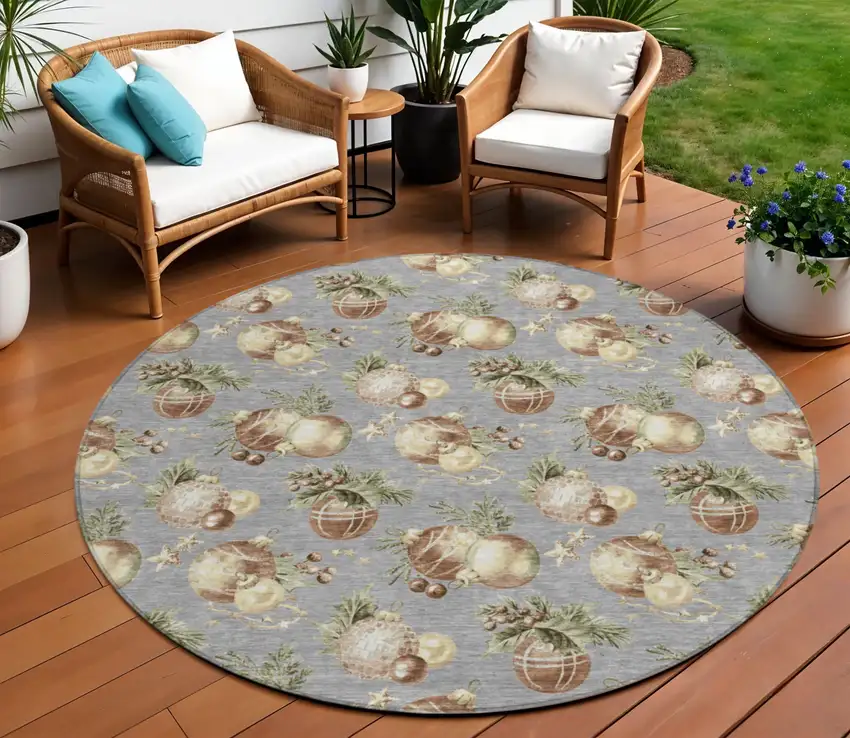 8' Gray Brown And Beige Round Botanical Leaves Washable Indoor Outdoor Area Rug Photo 2