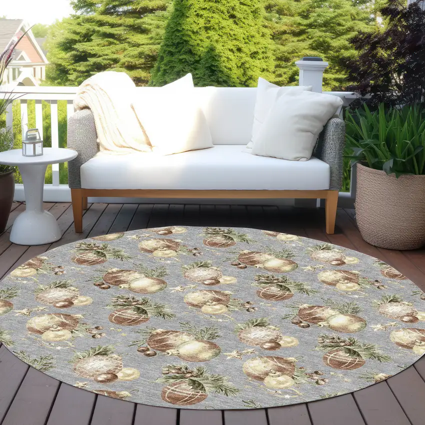 8' Gray Brown And Beige Round Botanical Leaves Washable Indoor Outdoor Area Rug Photo 5