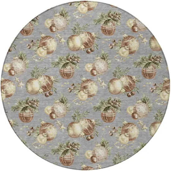 8' Gray Brown And Beige Round Botanical Leaves Washable Indoor Outdoor Area Rug Photo 3