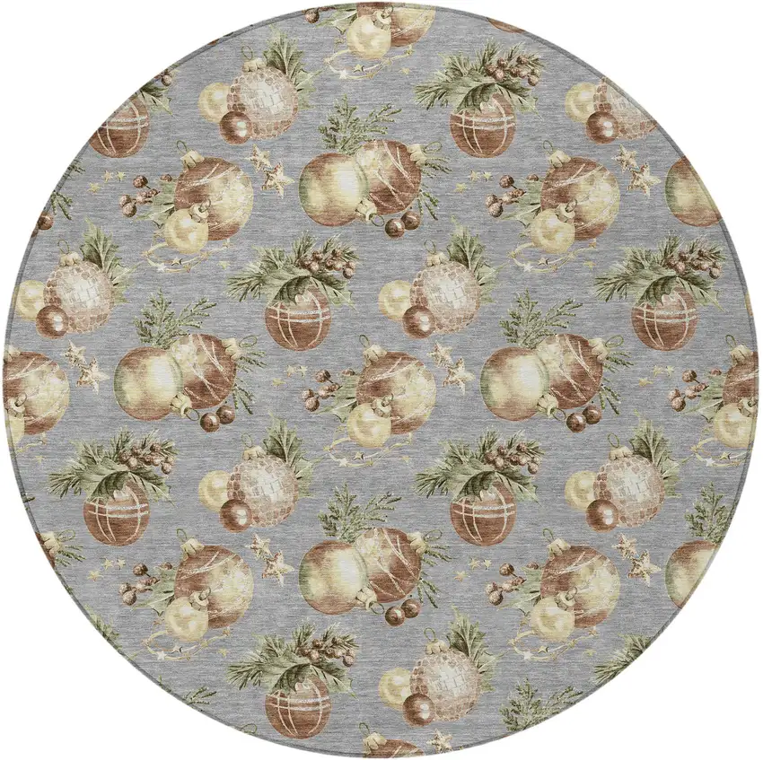 8' Gray Brown And Beige Round Botanical Leaves Washable Indoor Outdoor Area Rug Photo 3