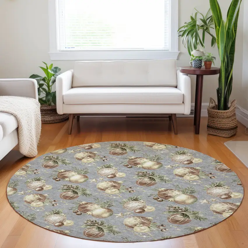 8' Gray Brown And Beige Round Botanical Leaves Washable Indoor Outdoor Area Rug Photo 6
