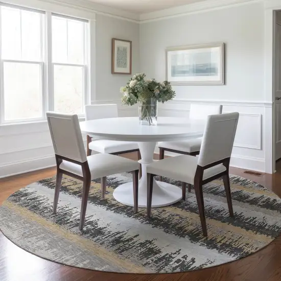 8' Gray Brown And Beige Round Striped Washable Indoor Outdoor Area Rug Photo 7