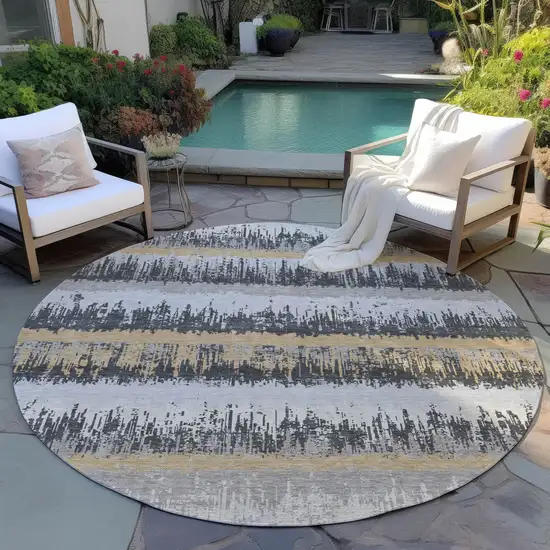 8' Gray Brown And Beige Round Striped Washable Indoor Outdoor Area Rug Photo 6