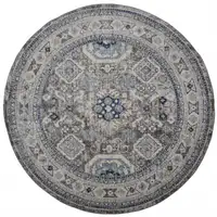 Photo of 8' Gray Brown And Blue Round Floral Stain Resistant Area Rug