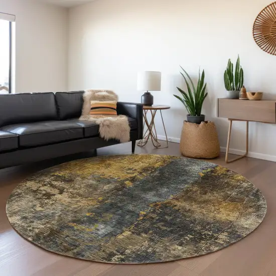8' Gray Brown And Gold Round Abstract Washable Indoor Outdoor Area Rug Photo 6