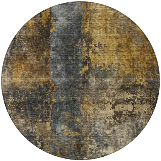 8' Gray Brown And Gold Round Abstract Washable Indoor Outdoor Area Rug Photo 4